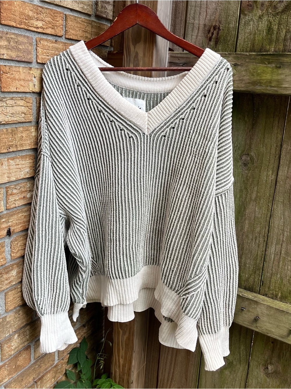 Aerie Oversized Ribbed V-Neck Stripe Sweater in Cream and Olive